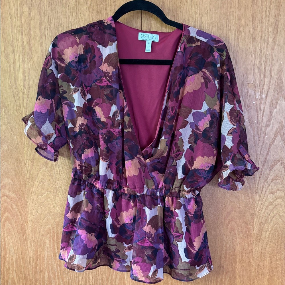 Cato Purple and Pink Flutter Sleeve Wrap Blouse